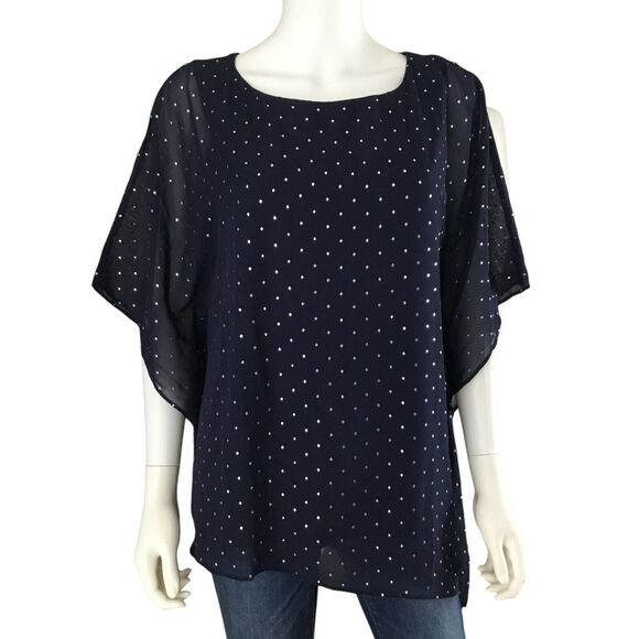 Chico's Jayma Kimono Layered Top sz 1 Small Rhinestones Asymmetric Hem Blue NEW - Picture 2 of 16